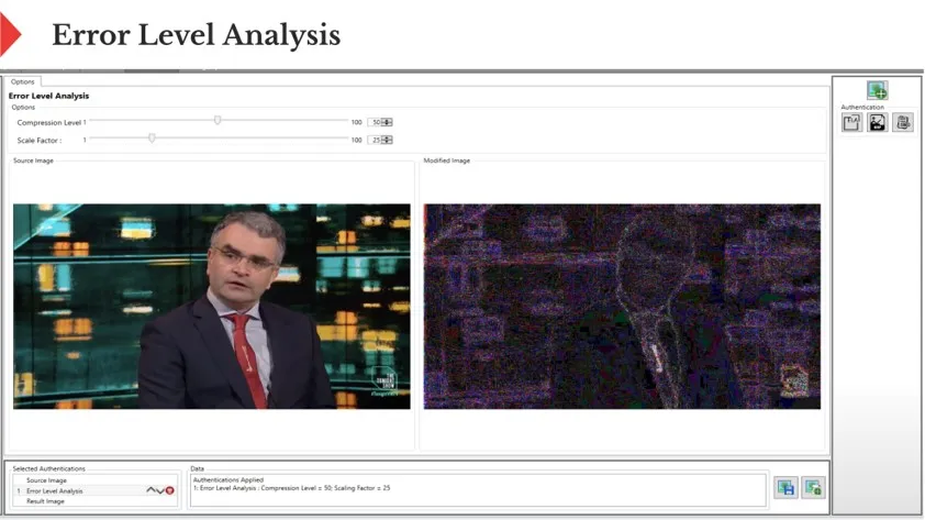 Error Level Analysis in the Authentication tab, comparing an image with its compression levels.