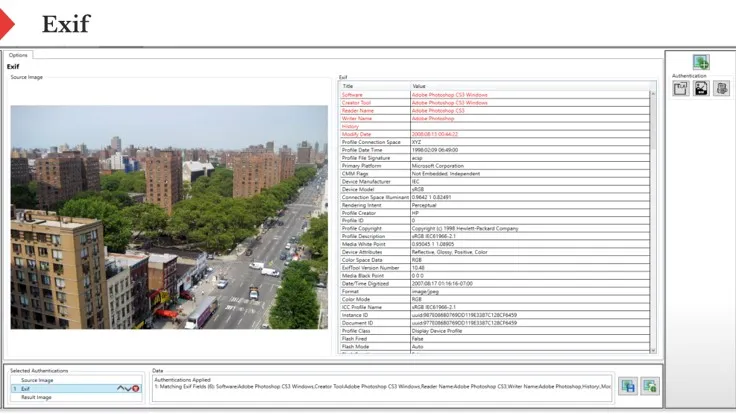 The Exif viewer in the Authentication tab, listing an image’s metadata with editing software entries highlighted.