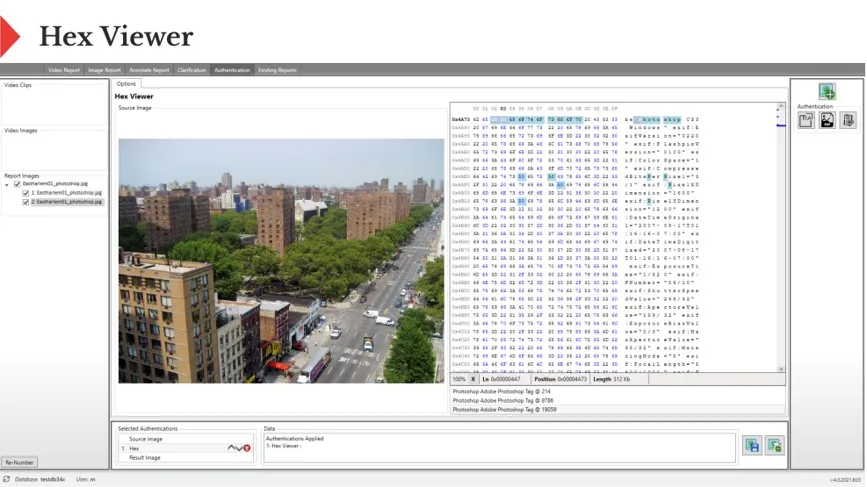 The Hex Viewer in the Authentication tab, showing an image’s raw bytes with useful sequences highlighted.