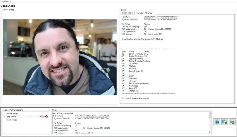 JPEG Snoop in the Authentication tab, comparing an image’s compression signature with known cameras and software.