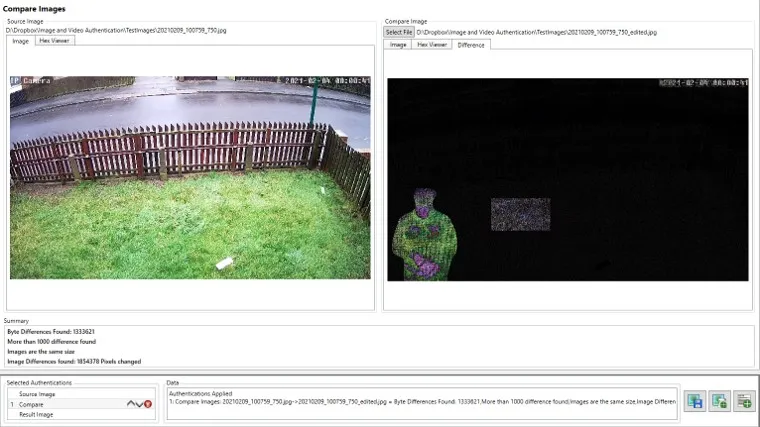 The Compare tool in the Authentication tab, highlighting the pixels that differ between two images.