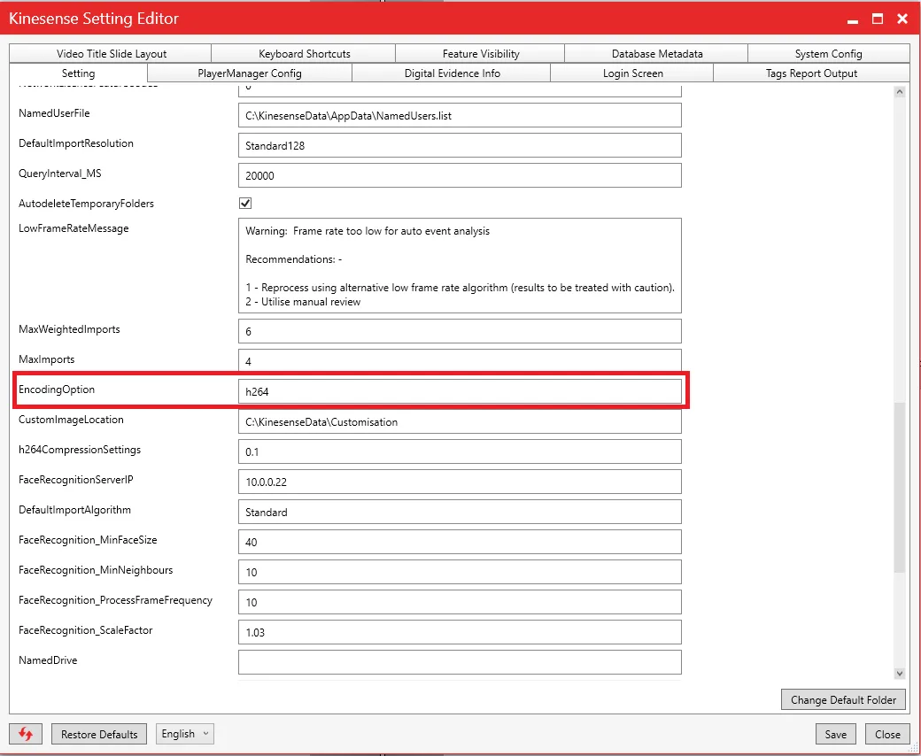 The Settings Editor with the EncodingOption setting highlighted and set to h264.