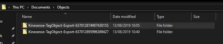 The exported Kinesense-TagObject-Export folders in Windows File Explorer.