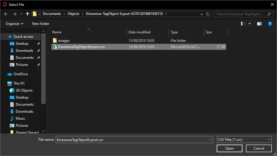 The file picker with the KinesenseTagObjectExport.csv file selected.