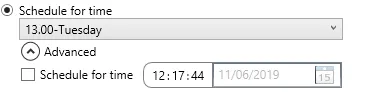 Schedule for time set to 13:00 Tuesday, with the Advanced option to enter an exact time.