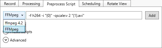 The Preprocess Script tab with a drop-down to choose between installed FFmpeg versions.