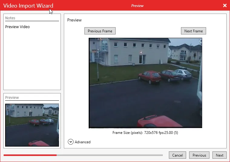 The Preview page of the Video Import Wizard with Previous Frame and Next Frame buttons.