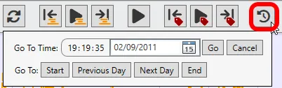 The Go To Time dialog on the timeline, with Start, Previous Day, Next Day and End buttons.
