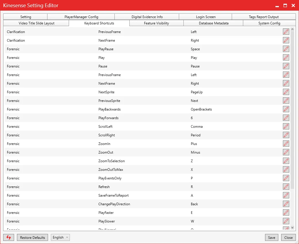 The Keyboard Shortcuts tab of the Settings Editor, listing each command and its key.