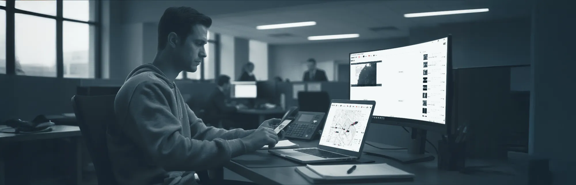 An investigator reviewing live RECON video streams and a case map at a workstation