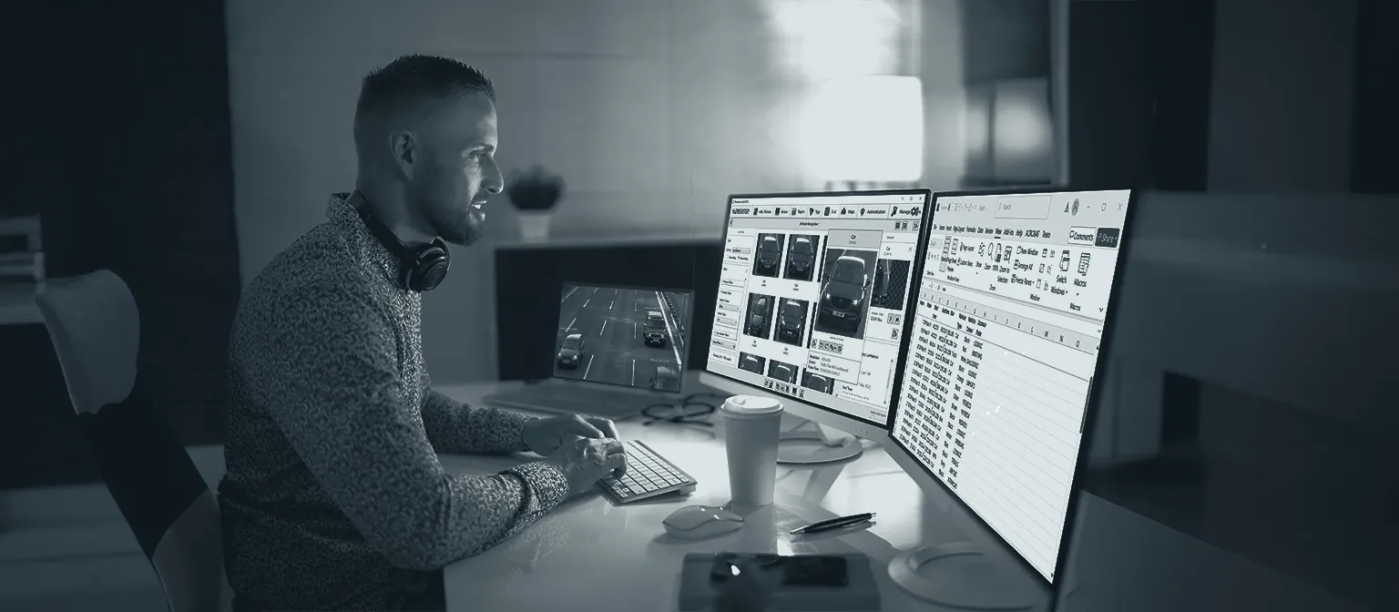 A control room operator reviewing videos on multiple monitors