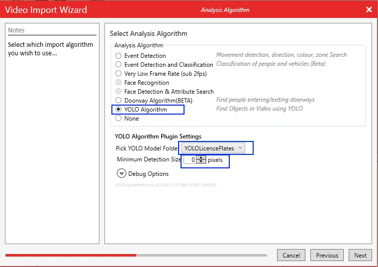 The Analysis Algorithm page with YOLO Algorithm selected, the YOLOLicencePlates model chosen and minimum detection size set to 0.