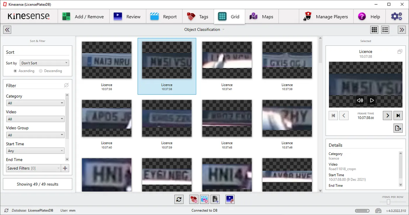 The Grid tab showing detected licence plates.
