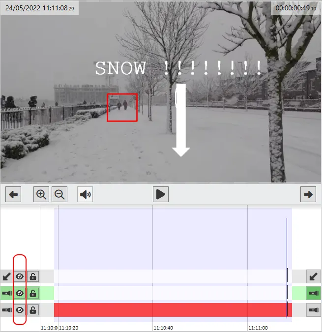 A snowy street scene with its annotations visible and the eye icons highlighted in the annotation list.