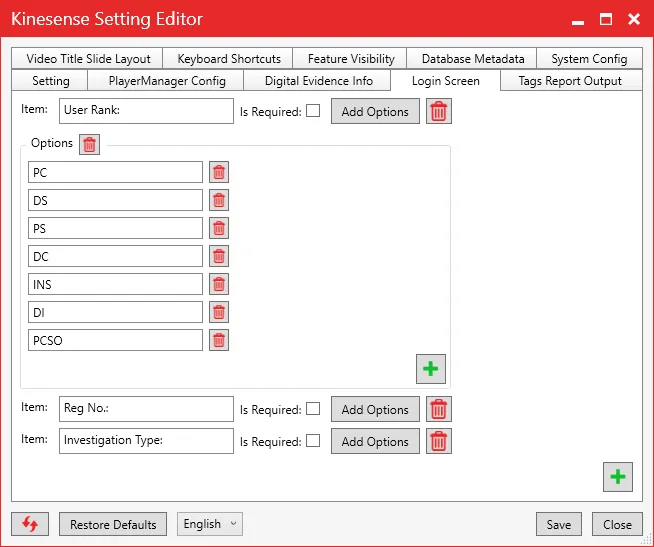 The Login Screen tab of the Settings Editor, with a User Rank item and its drop-down options.