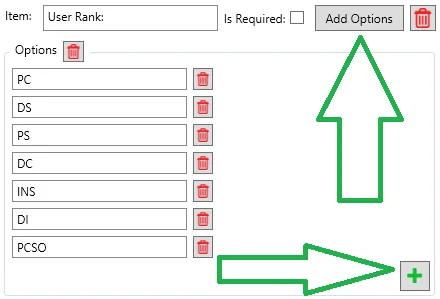 A User Rank item with its options list, and arrows to the Add Options and add option buttons.