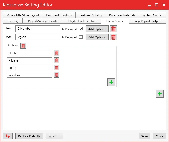 Login screen settings with a required ID Number field and a Region list of Dublin, Kildare, Louth and Wicklow.