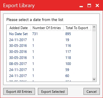 The Export Library window listing player entries by date added, with Export All Entries and Export Selected buttons.