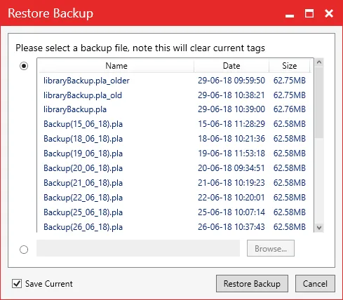 The Restore Backup window listing player library backups by date.