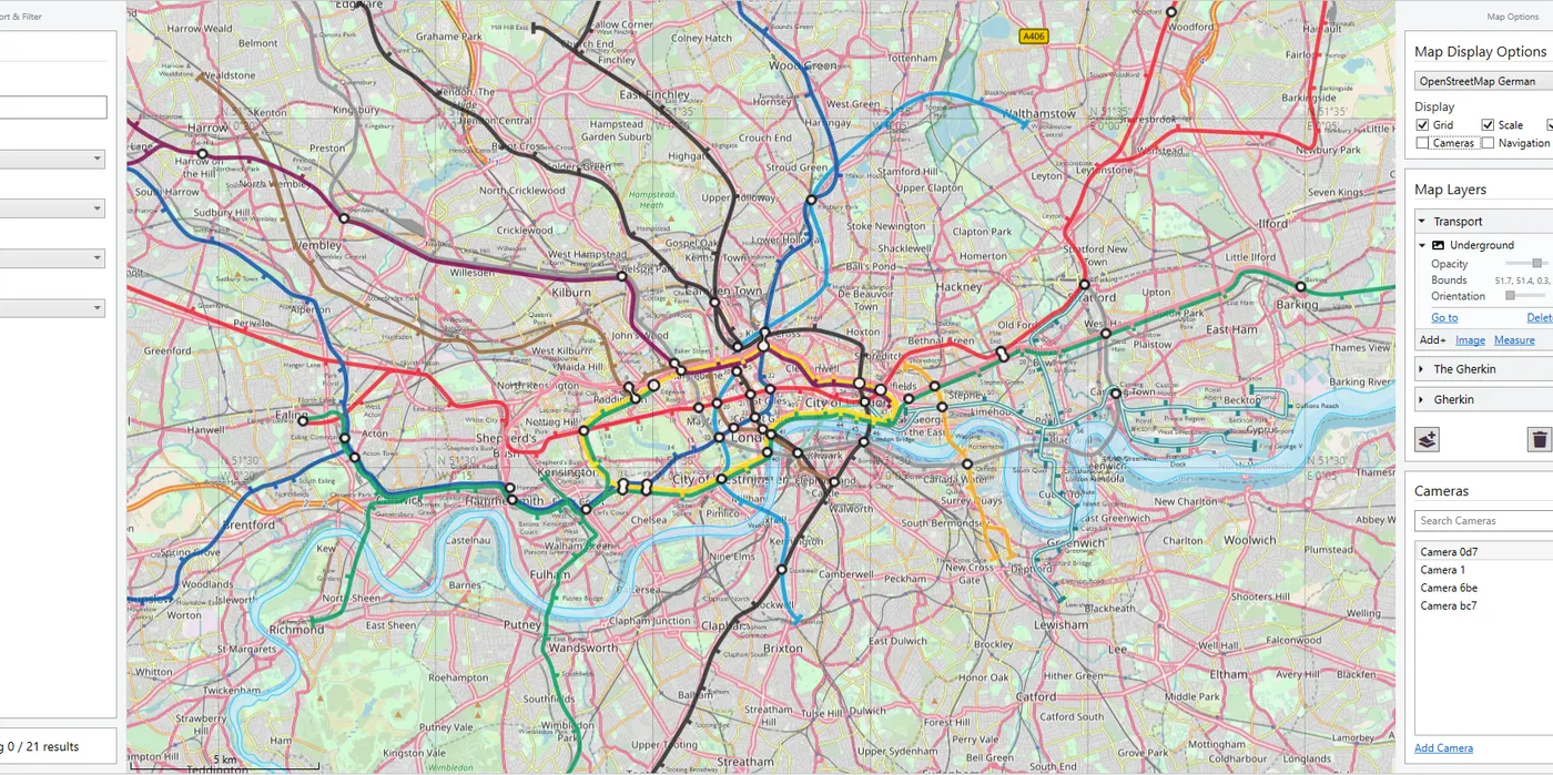 The Maps tab with a London Underground map image added as a layer over the street map.
