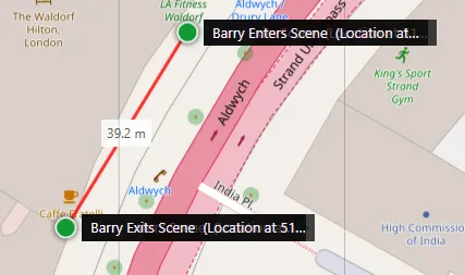A measure line between two tags on the map, showing a distance of 39.2 metres.