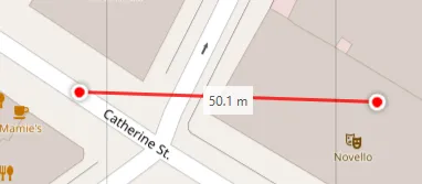 A red measure line between two points on the map, showing 50.1 metres.