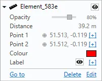A measure element’s settings: opacity, distance, the two points, colour and label.