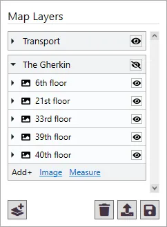 The Map Layers list with a Transport layer and a building layer containing several floor plan images.
