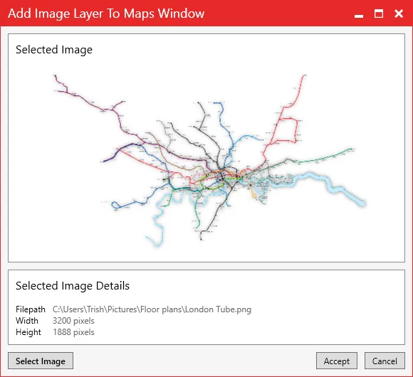 The Add Image Layer To Maps window previewing a Tube map image before it is added.