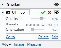 An image element’s settings: opacity, bounds, orientation, and Go to, Delete and Edit links.
