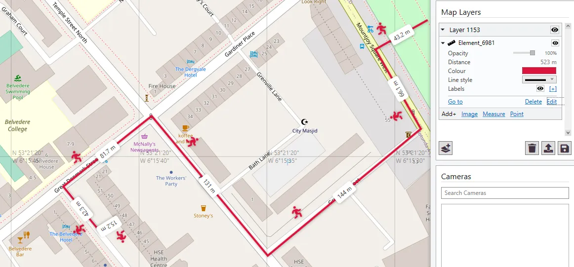 A route on the map drawn with the measure tool around corners, with icons along it.