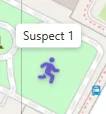 A point element on the map showing a running person icon labelled Suspect 1.
