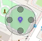 A new point element on the map, with circles around it for adding text, icons or arrows.