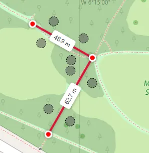 A measure line with a bend in it, showing two distances along a path.