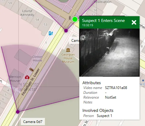 A selected tag on the map with a pop-up showing a preview of the tagged video and its details.