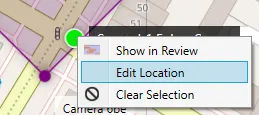 The right-click menu on a map tag: Show in Review, Edit Location and Clear Selection.