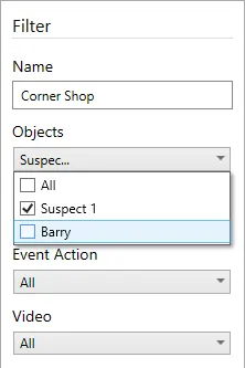 The map Filter panel with name, objects, event action and video filters.