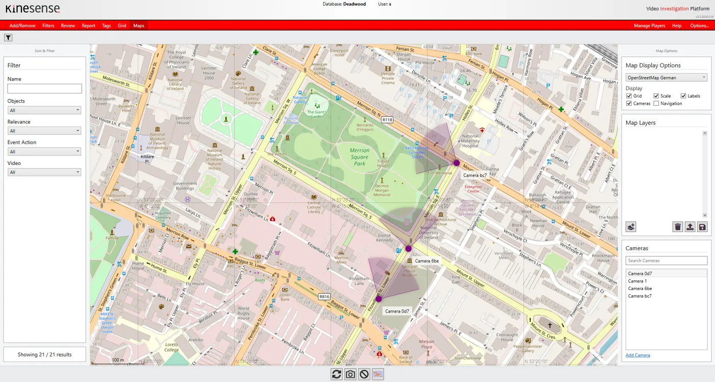 The Maps tab with a street map, cameras and viewing cones, and the camera list on the right.