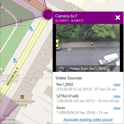A camera pop-out on the map showing a preview frame and its linked video sources with view links.