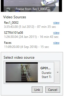 A video source selected to link to the camera, with Link and Cancel buttons.