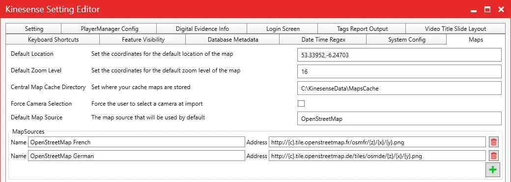 The Maps settings in the Settings Editor: default location, zoom level, map cache folder, forced camera selection and map sources.