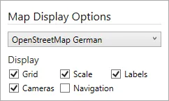 The Map Display Options: map source drop-down and Grid, Scale, Labels, Cameras and Navigation checkboxes.