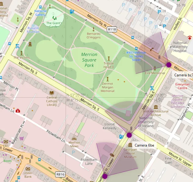 Cameras with their viewing cones shown on a map of a city park.