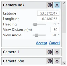 An expanded camera in edit mode, with its heading, view distance and view angle.