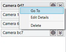 The right-click menu on a camera: Go To, Edit Details and Delete.
