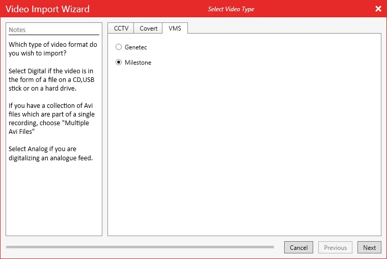 The VMS tab of the Video Import Wizard with Milestone selected.
