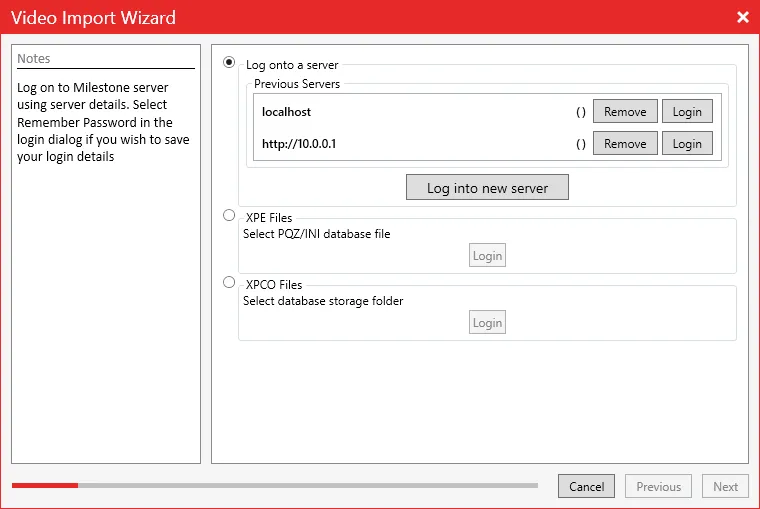 The Milestone login page with options to log on to a server, or open XPE or XPCO files.