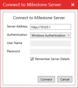 The Connect to Milestone Server dialog with server address, authentication type and Remember Server Details.