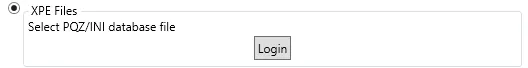 The XPE Files option with a Login button to select the PQZ or INI database file.
