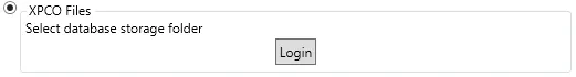 The XPCO Files option with a Login button to select the database storage folder.